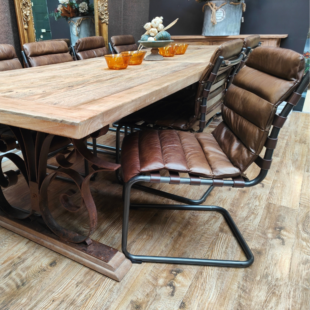 Reclaimed Elm Dining Table with Iron Legs 3m + 8 Florence Italian Leather Dining Chairs Set image 1